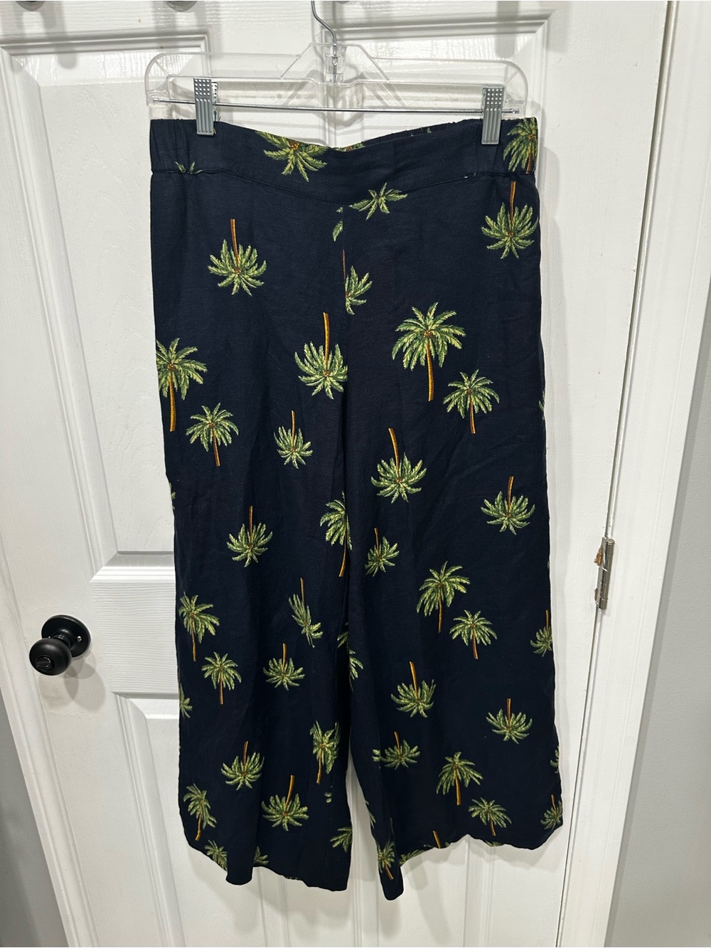 Loft Navy Blue Wide-Leg Palm Print Linen Pants